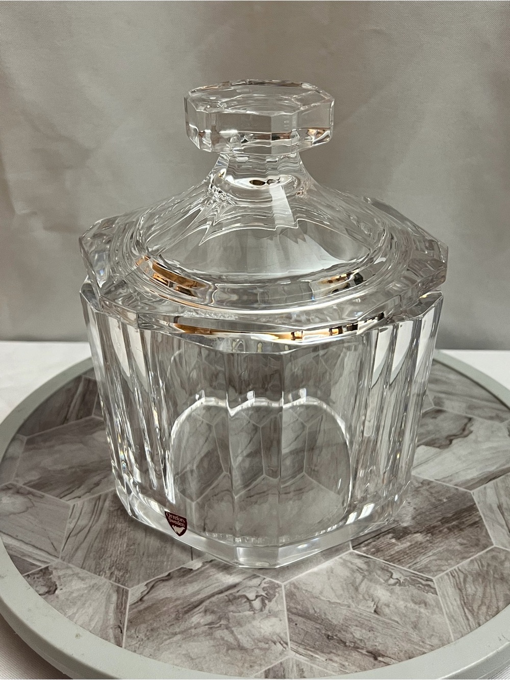 Orrefors Sweden Crystal Lidded Jar Canister Faceted Clear Glass 8”